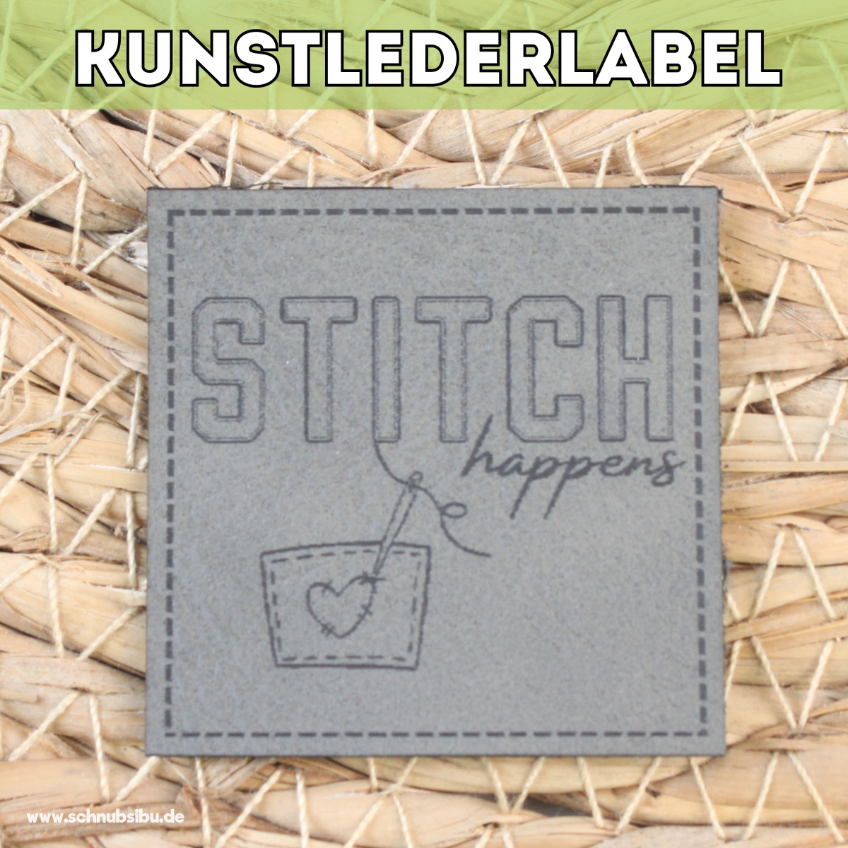 Kunstlederlabel Stitch happens grau