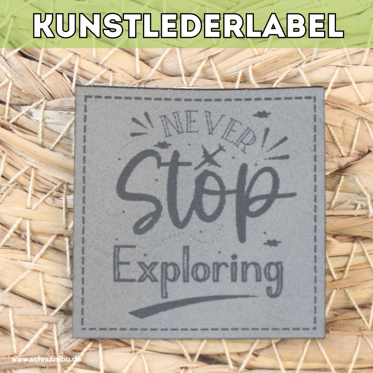 Kunstlederlabel Never stop exploring grau
